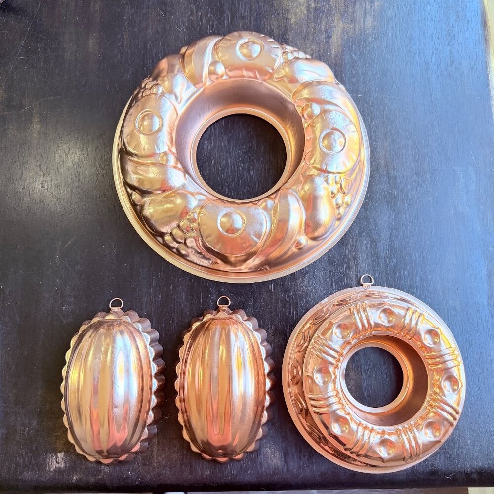 Vtg Copper Kitchen‎ Mold Set Wall Hanging Decor Retro Bakeware Farmhouse Charm